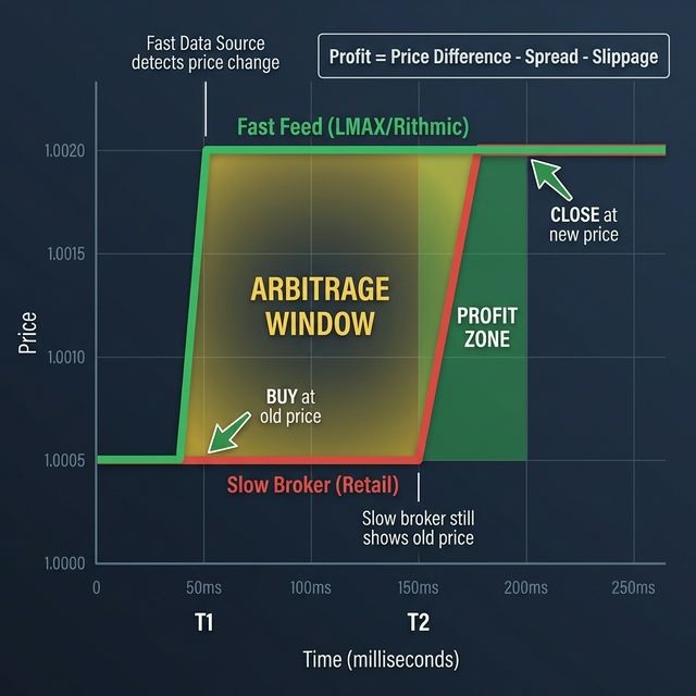 Latency Arbitrage Diagram showing the price gap between fast feed and slow broker, with the profit opportunity highlighted in the time delay window